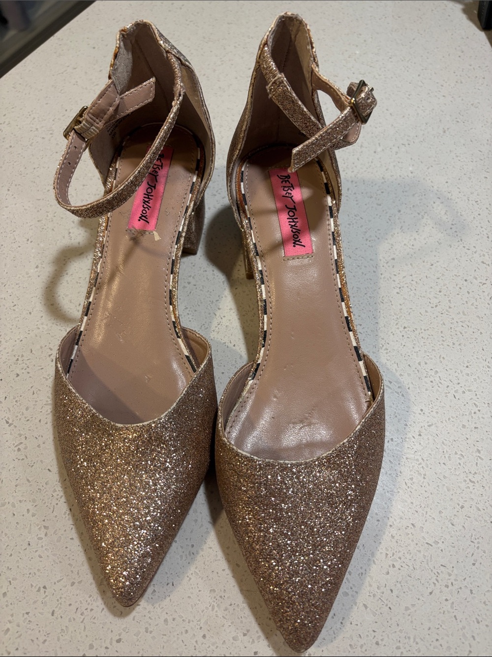 Betsey Johnson Rose Gold Glitter Pointed-Toe Ankle-Strap Heels